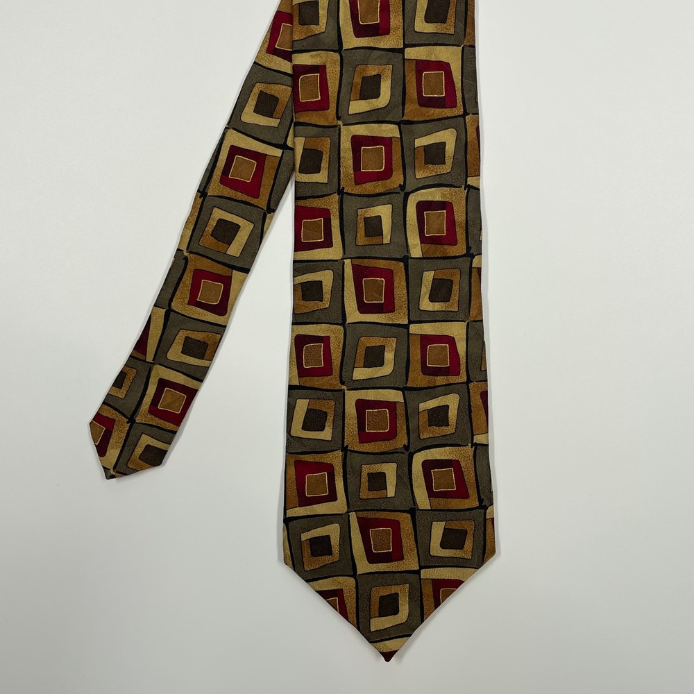 Ziggurat By Mulberry Gold Burgundy Geometric Silk Extra Long Tie Mens L